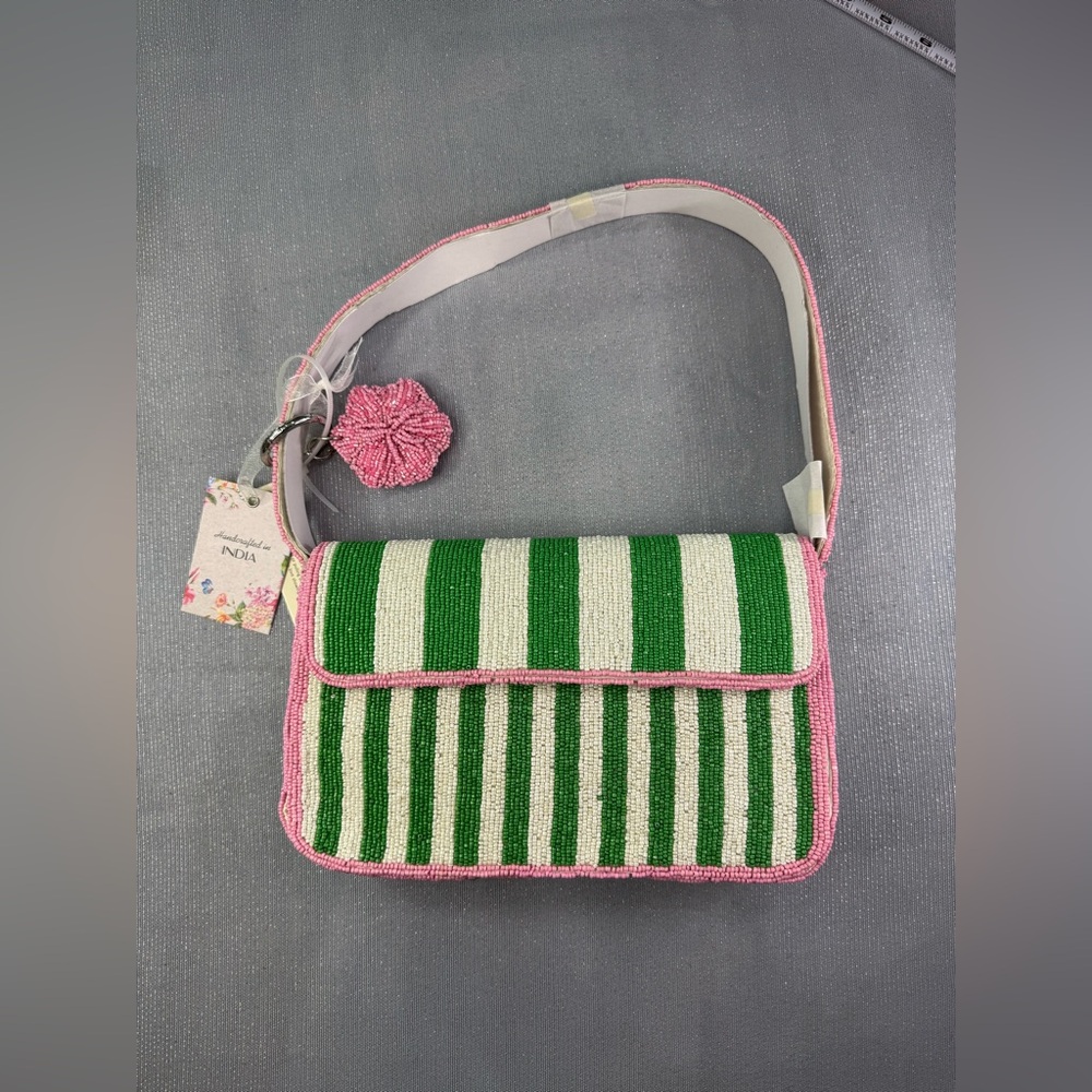 Viral Beaded Bag! NWT Green and White Stripes with Pink Trim Made in India